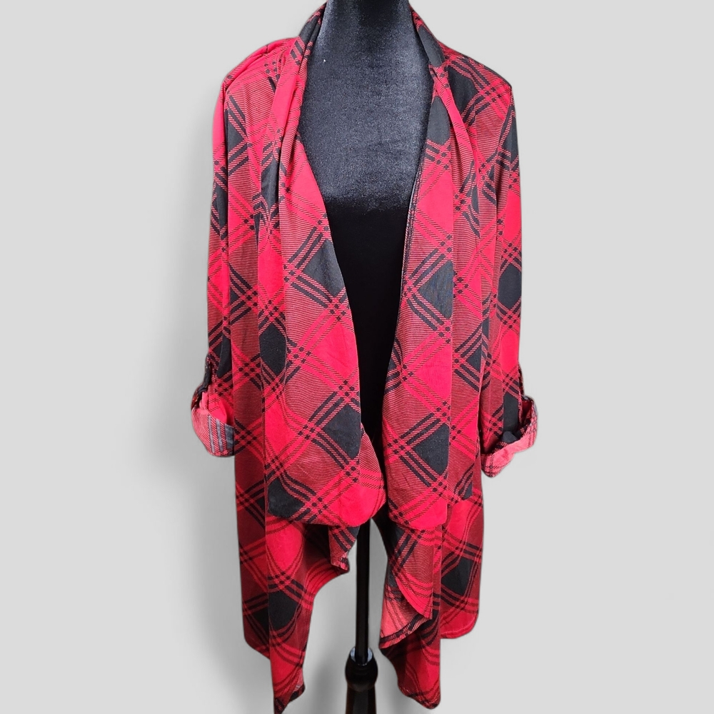 NEW‎ YORK LAUNDRY | Academia Holiday Red Black Plaid Preppy Soft Cardigan | 3X